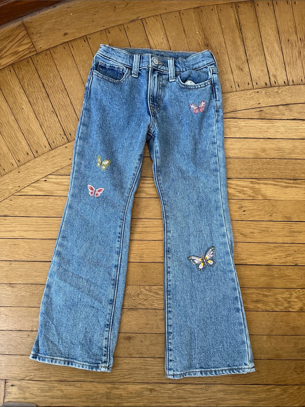 Blue girls Denim Jeans with Butterfly Embroideries